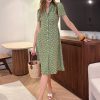 Green Floral Button Midi Dress