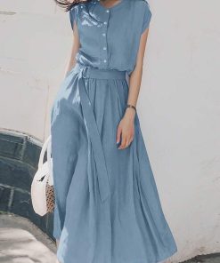 Blue Waist-Tie Midi Dress