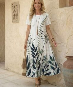 White Botanical Print A-Line Dress